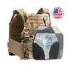 AR550 DV8 Body Armor Package with scorpion DV8 Plate Carrier and shooters and SAPI cut polyshield hard armor plates on a white background with a made in the USA badge in the upper right-hand corner