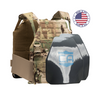 AR550 DV8 Body Armor Package with scorpion DV8 Plate Carrier and shooters cut polyshield hard armor plates on a white background with a made in the USA badge in the upper right-hand corner