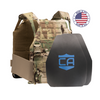 AR550 DV8 Body Armor Package with scorpion DV8 Plate Carrier and two shooters cut standard shield hard armor plates on a white background with a made in the USA badge in the upper right-hand corner