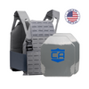 AR550 DV8 Body Armor Package with wolf gray DV8 Plate Carrier and SAPI cut polyshield hard armor plates on a white background with a made in the USA badge in the upper right-hand corner