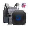 AR550 DV8 Body Armor Package with wolf grey DV8 Plate Carrier and two SAPI cut standard coating hard armor plates on a white background with a made in the USA badge in the upper right-hand corner