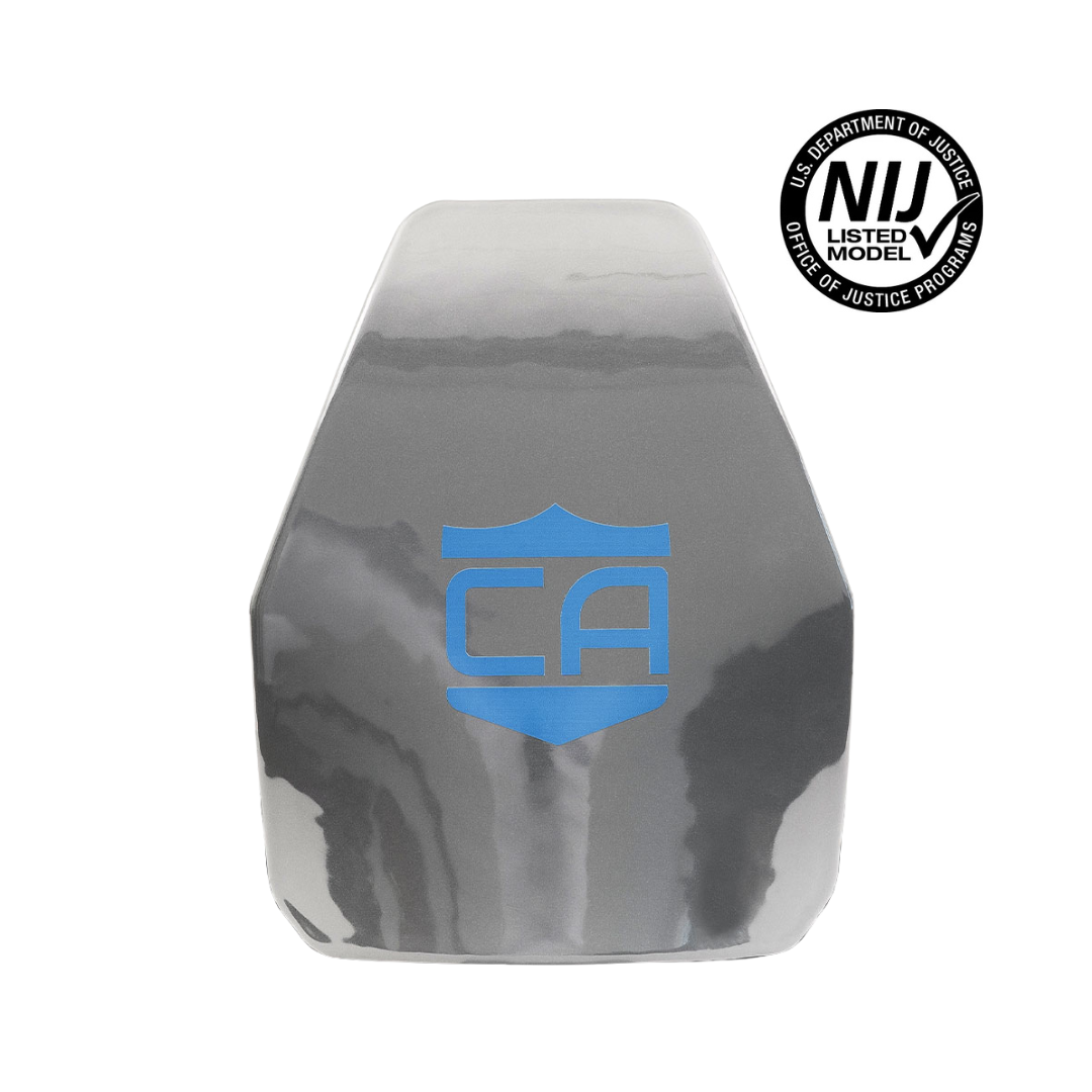 front of AR550 steel rifle rated hard body armor with polyshield spall protection, Shooters cut, swimmers cut, NIJ certified emblem also shown on photo on white background