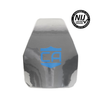 front of AR550 steel rifle rated hard body armor with polyshield spall protection, Shooters cut, swimmers cut, NIJ certified emblem also shown on photo on white background