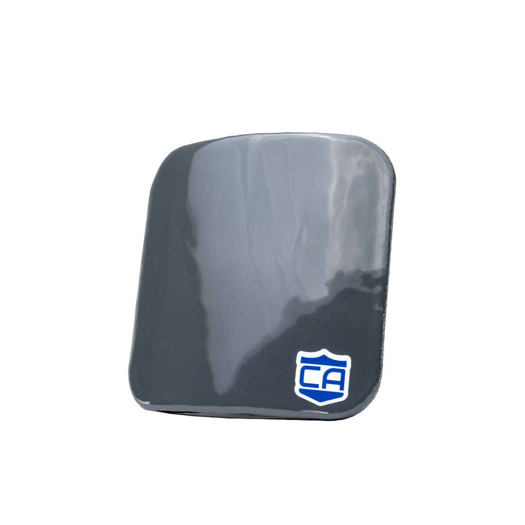 Caliber Armor AR550 III+ Steel Body Armor Side Plate in 6x6 with PolyShield Anti-Spall coating on a white background