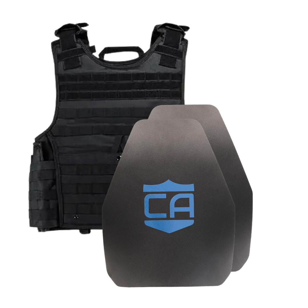 Front view of the Caliber Armor AR550 III+ VISM Expert Body Armor Package in Black standard coating