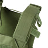 AR550 Quick Response Body Armor Package with OD green plate carrier close up shoulder strap for adjustability and comfort on a white background