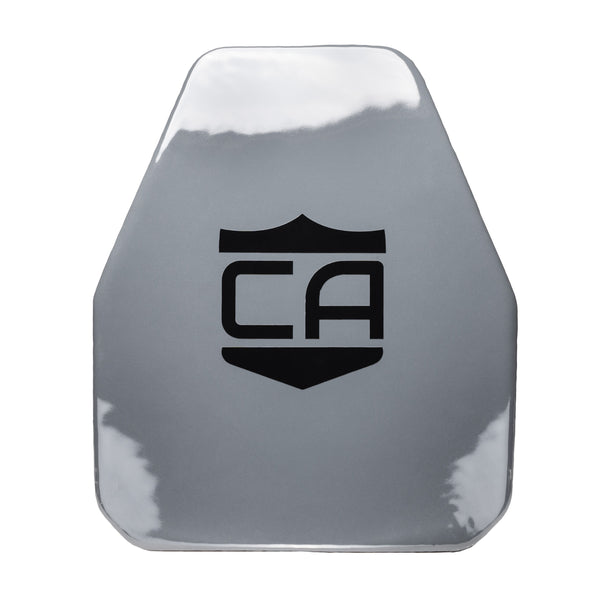 Front view of AV2 Multi-Curve RF2 steel alloy body armor plate with PolyShield coating shooters cut on white background