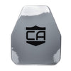 Front view of AV2 Multi-Curve RF2 steel alloy body armor plate with PolyShield coating shooters cut on white background