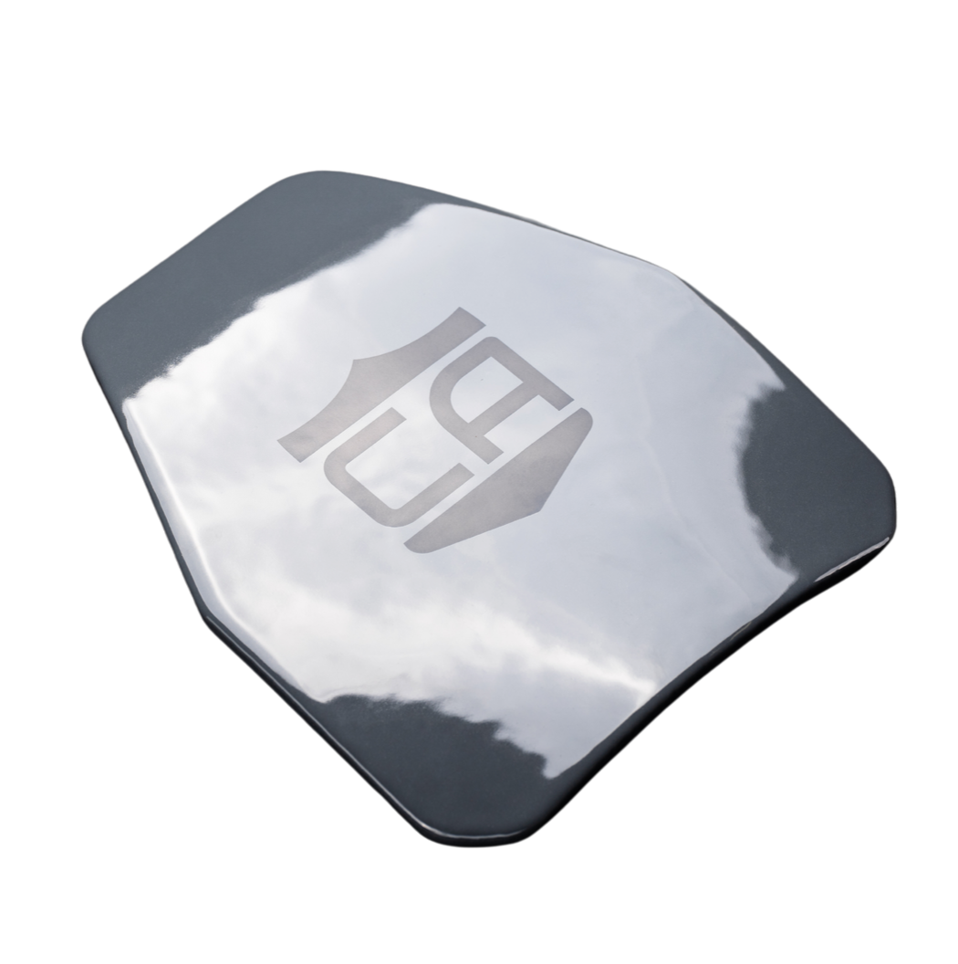 Angled profile view of AV2 RF2 body armor plate showing ergonomic multi-curve shape shooters cut on a white background
