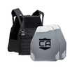 Caliber AV2 DV8 RF2 Body Armor Package with black DV8 plate carrier and AV2 RF2 armor plates shooters cuts with polyshield coating on a white background