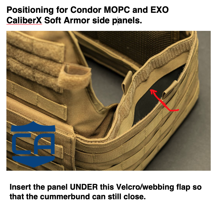 Directions showing the placement of CaliberX Soft Armor Side Panels inside a plate carrier cummerbund on coyote brown plate carrier