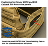 Directions showing the placement of CaliberX Soft Armor Side Panels inside a plate carrier cummerbund on coyote brown plate carrier