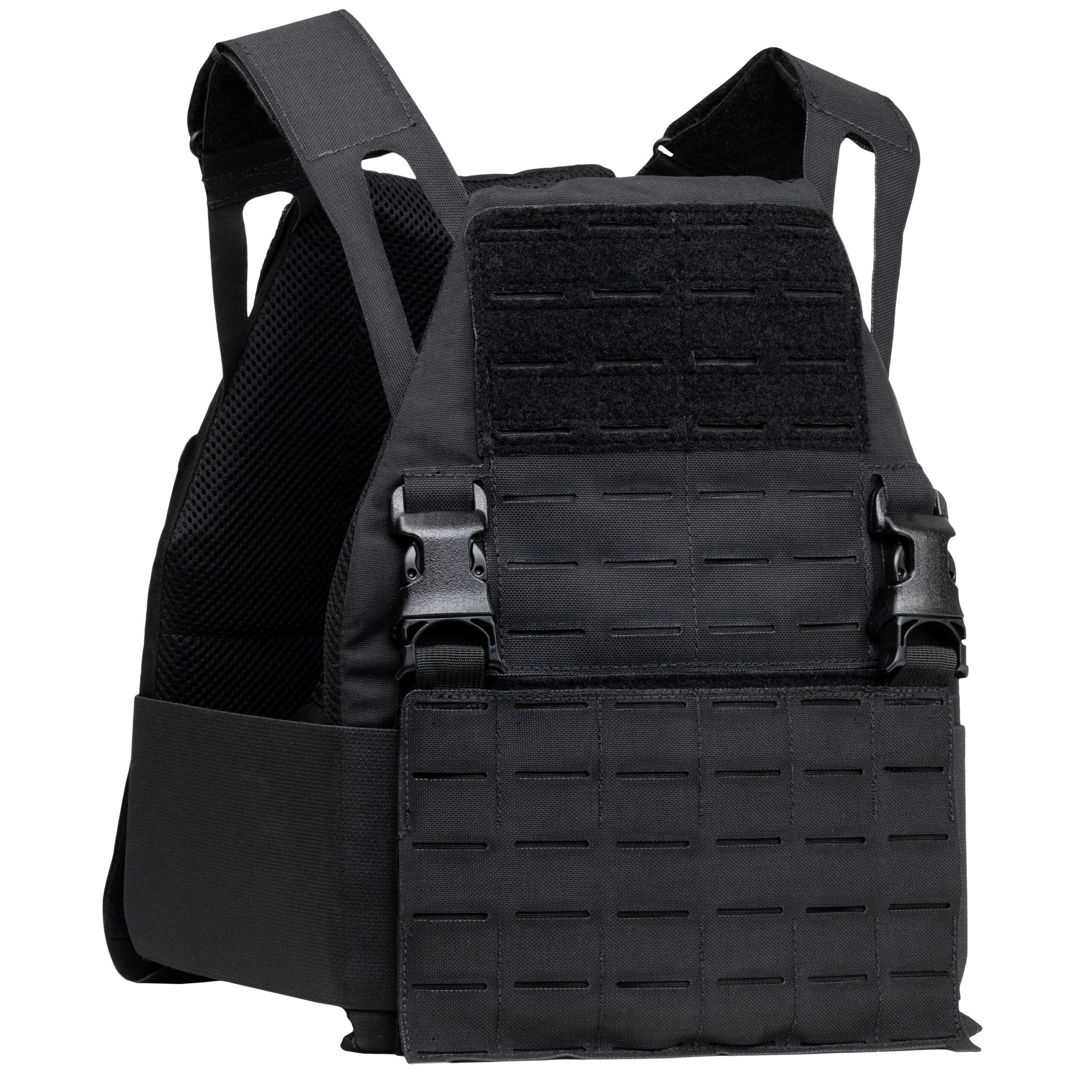 Front view of black DV8 Plate Carrier showing adjustable carrier design