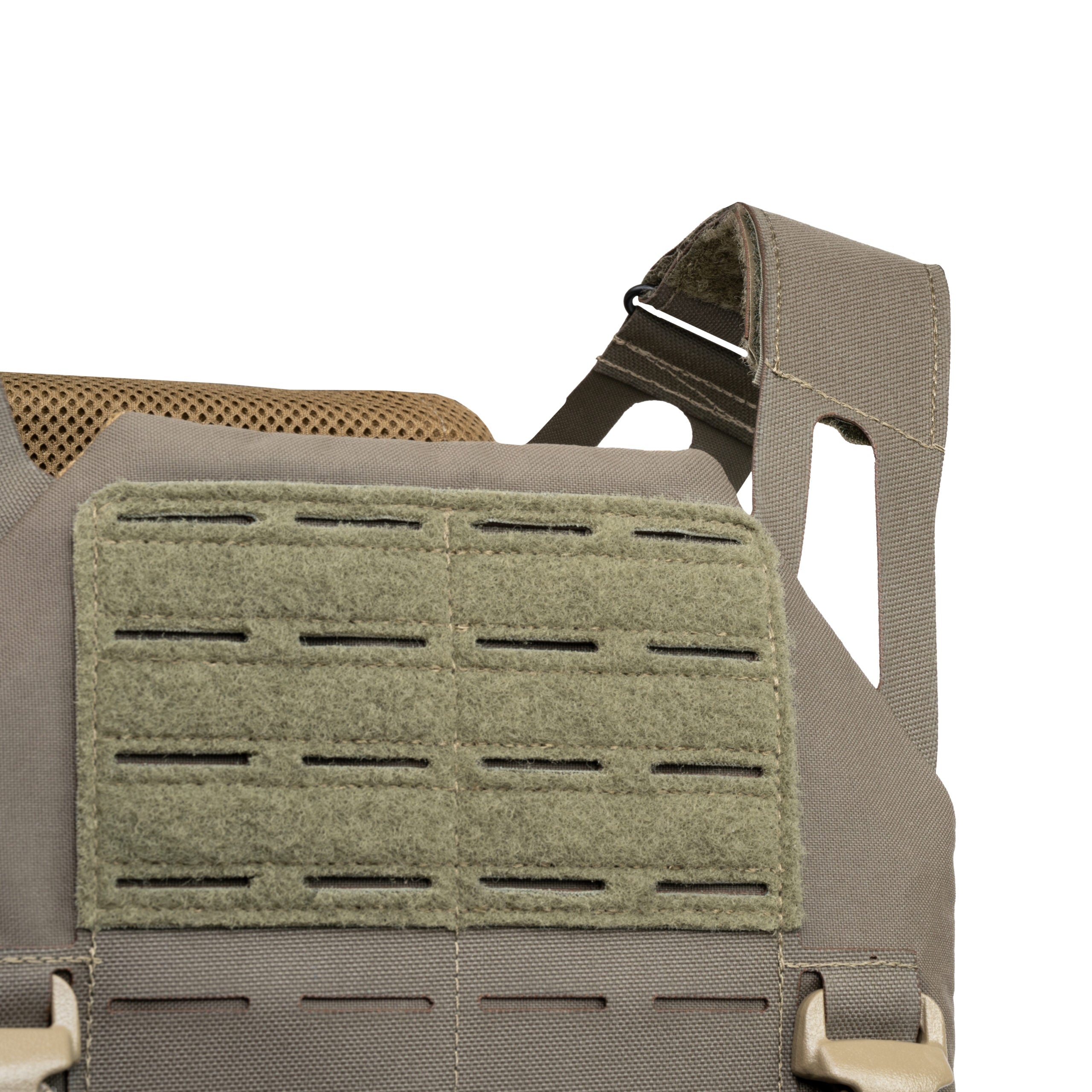 ranger green Caliber Armor DV8 Plate Carrier close up view of shoulder strap with low-profile adjustable design on a white background