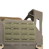 ranger green Caliber Armor DV8 Plate Carrier close up view of shoulder strap with low-profile adjustable design on a white background