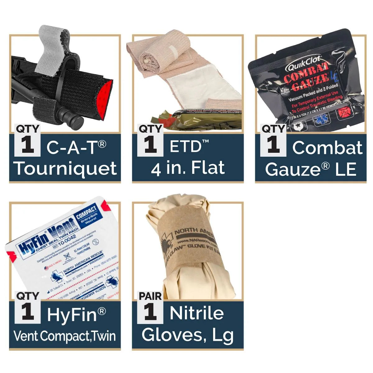 Trauma supplies included with the Mini First Aid Kit (M-FAK), including a tourniquet, chest seals, and gauze.