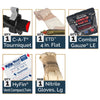 Trauma supplies included with the Mini First Aid Kit (M-FAK), including a tourniquet, chest seals, and gauze.