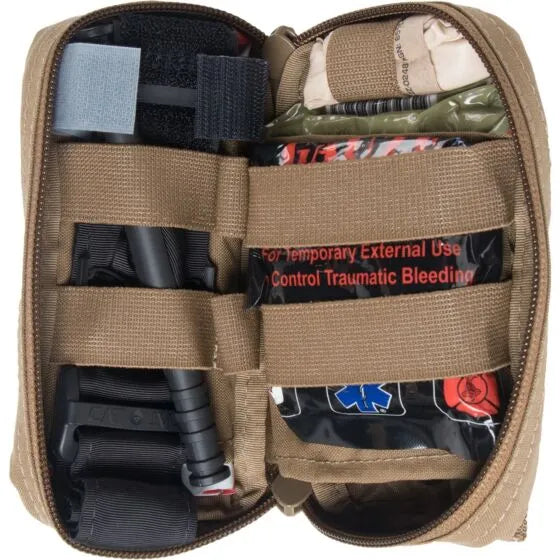 Mini First Aid Kit (M-FAK) opened to display the organized trauma supplies inside on a white background