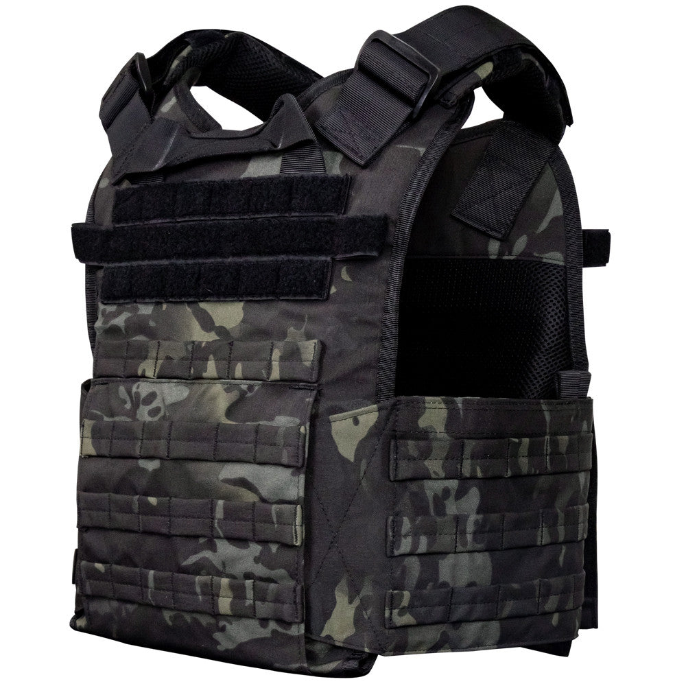 Front view of the black multicam Modular Operator Plate Carrier (MOPC) Gen II by Condor Outdoor on a white background
