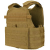 Front view of the coyote brown Modular Operator Plate Carrier (MOPC) Gen II by Condor Outdoor with cummerbund on a white background