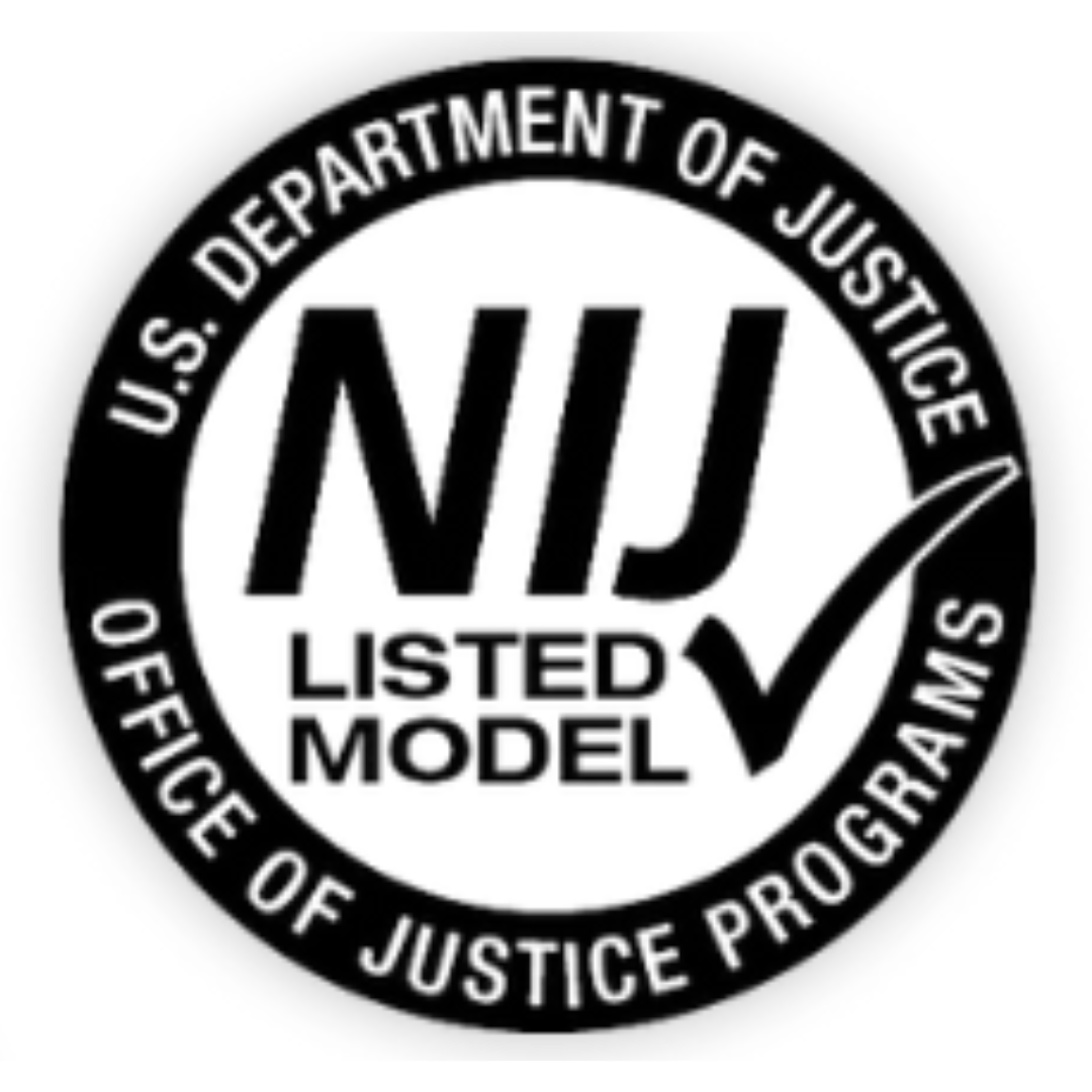 NIJ official seal in black and white reading "US department of justice office of justice programs. NIJ listed model"