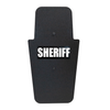 Front of black 16" x 30" Caliber Armor Pistol rated Level IIIA HG2 Ballistic Shield with fixed handle in the center & white text "sheriff" on a white background